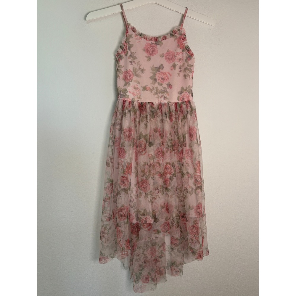 Lilt Girls Pink Floral Mesh High Low Dress Size 7 Rose Print Ruffle Neck